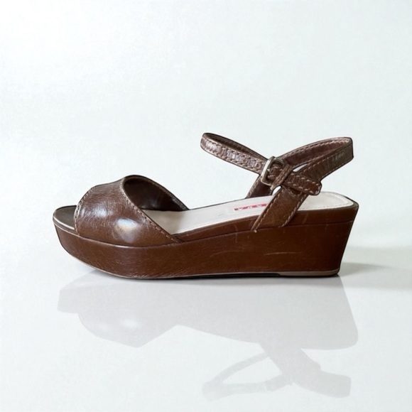 PRADA BROWN WEDGE SANDALS SIZE 37 - Picture 2 of 16